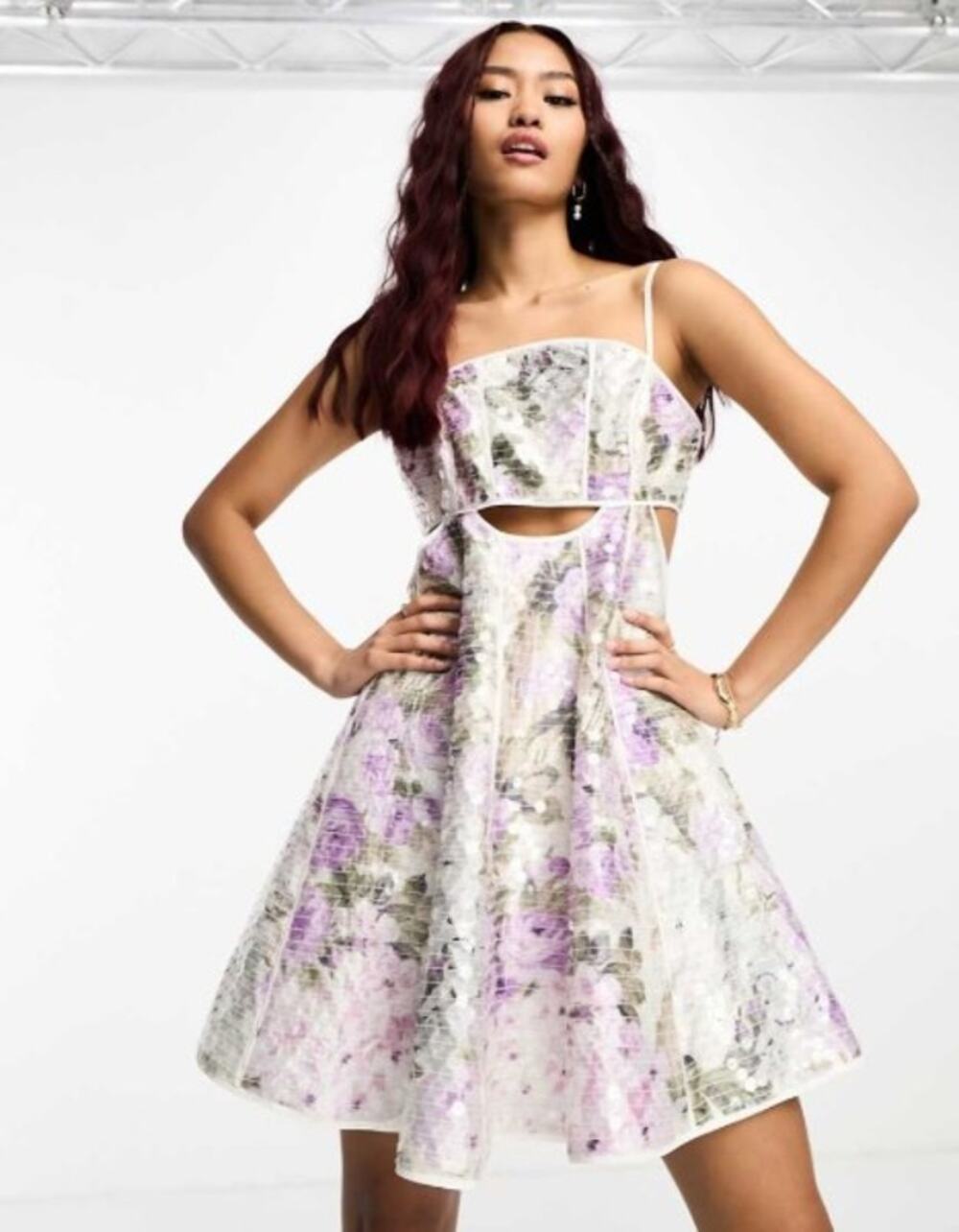 #12 MSRP $139 NWT ASOS DESIGN SEQUIN FLORAL CUTOUT MINI DRESS ♡SIZE 12♡